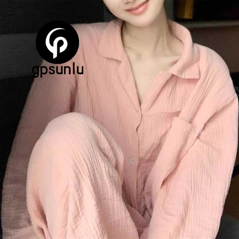 日本小众GP纯棉纱睡衣女春秋冬长袖韩国ins简约可外穿家居服套装