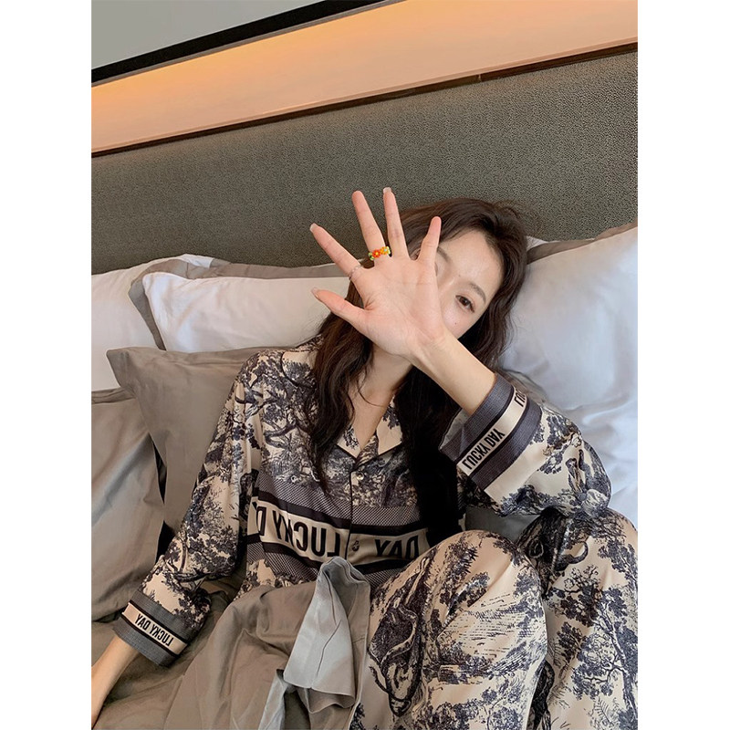 水墨画真丝睡衣女款春秋款长袖2024新款桑蚕丝夏季短袖家居服套装