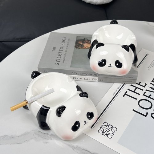 创意可爱卡通陶瓷熊猫烟灰缸家用客厅茶几桌面高级感防飞灰烟缸
