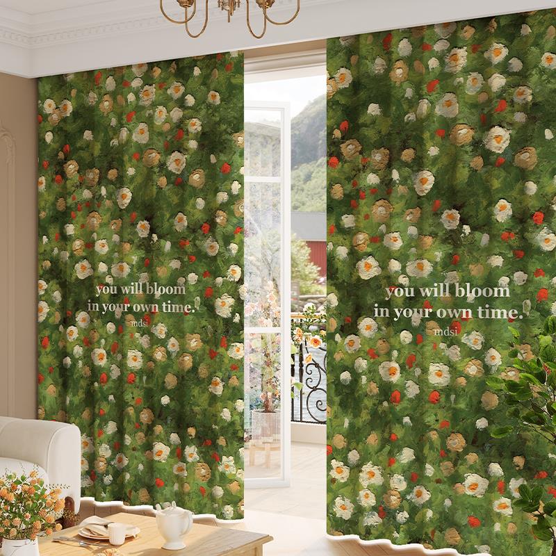 小清新复古绿窗帘遮光卧室客厅阳台隔热防晒挂钩式2024新款遮阳布