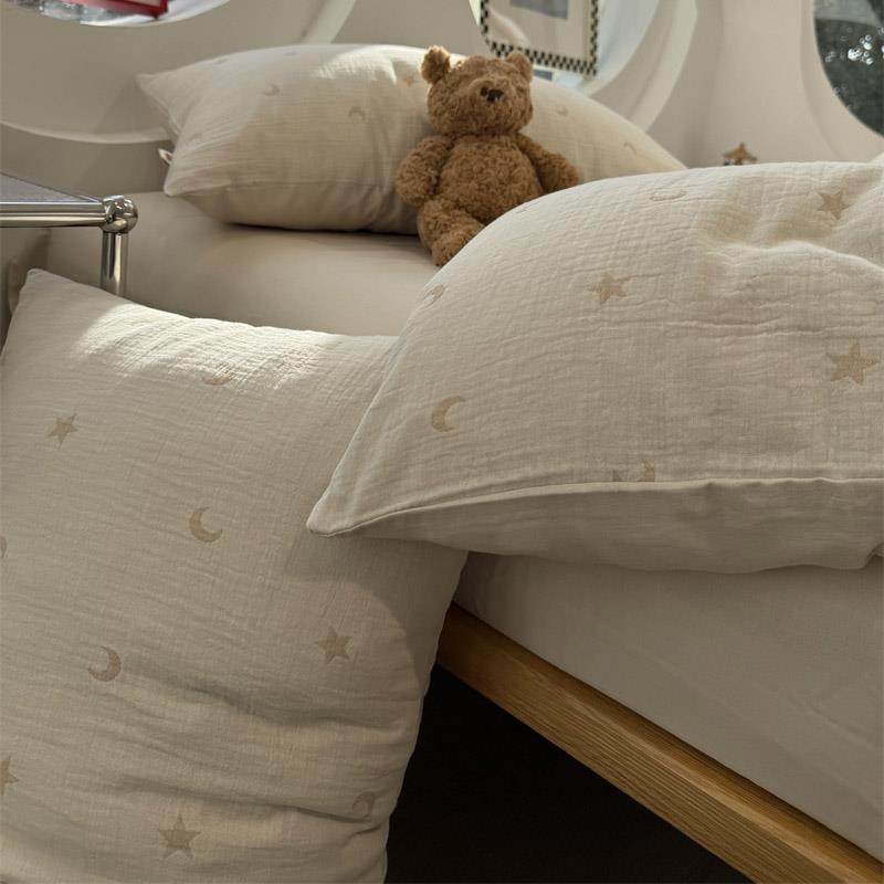 法式少女心皱皱双层纱星空卡其四件套全棉1.5m1.8床单被套三件套