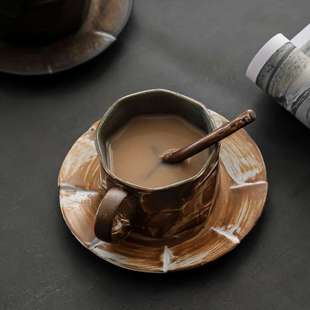 日式 条纹手绘早餐杯子水杯家用 风陶瓷咖啡杯 创意复古咖啡拿铁杯