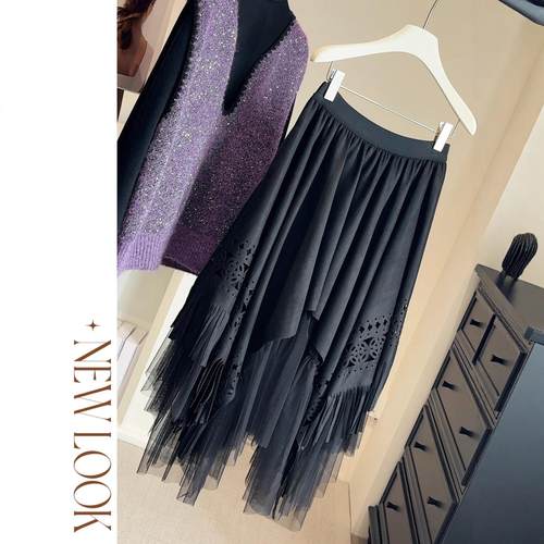 网纱拼接麂皮绒流苏大摆裙