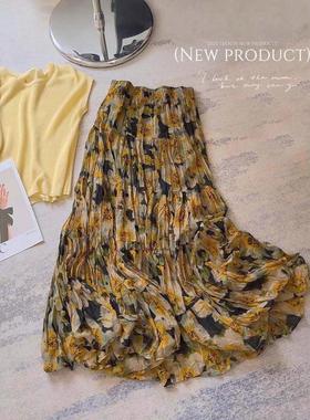 油画风黄色花朵A字半身长裙女出游大摆褶皱蛋糕裙显瘦垂感花裙子