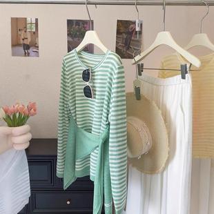 2025年爆款 长袖 冰丝麻空调衫 宽松罩衫 条纹针织衣 夏季 披肩两件套