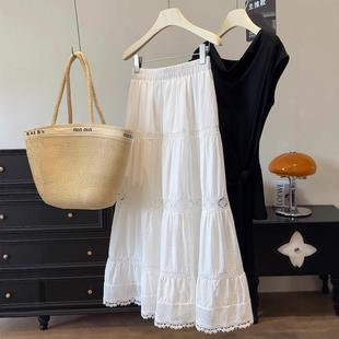 超仙大摆A字重工蕾丝花边白色半身裙女松紧腰长款 裙子 蛋糕裙夏季