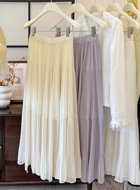 洛米娜&quo;重工压褶雪纺半裙高腰显瘦温柔百搭垂感长裙半身