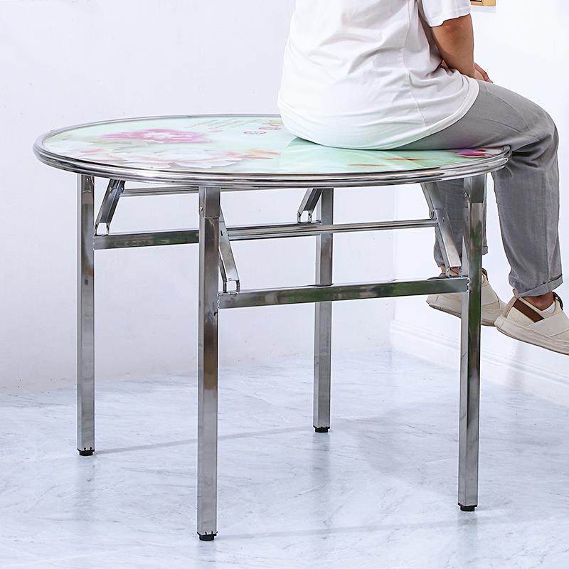 I新2型不锈钢可折璃叠玻圆连体户外桌方桌吃饭家用餐BFC桌快餐店