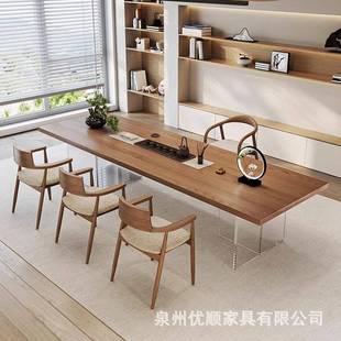 现代OYA透约实木茶桌茶椅组合简悬浮亚克力大板桌办公室明桌腿茶