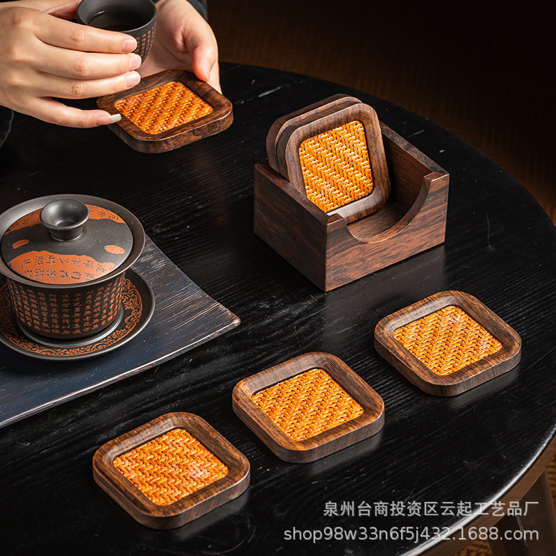 黑檀实木藤编隔热防滑茶托套装