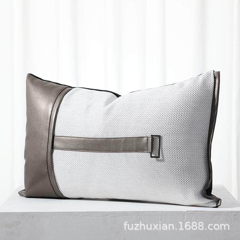 现代简约轻奢灰色皮革接沙抱拼枕金19属扣装饰腰枕样间设发计板师,居家布艺,抱枕被,淘宝优惠券,粉丝福利购,淘宝优惠卷