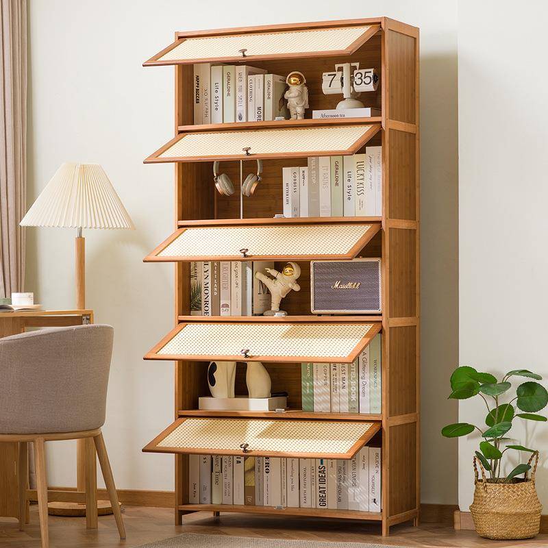 柜现代简约带门防尘格柜实木81仿藤书书架窄书柜子地立柜置物储物