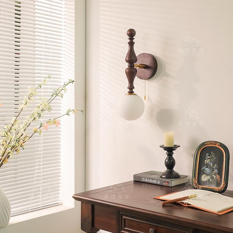 法式中古卧床头小吊灯美复LD-D0310桃古胡木拉线壁室灯设计师餐厅