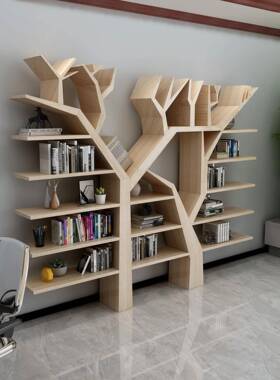 简约代树形干书架意实木落地墙上树书架S-086沙发后置组装多层创现书柜