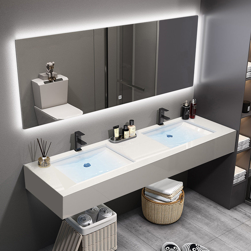 公共卫生间大理石双盆用现代简约挂墙卫浴柜洗面台洗手盆柜组合