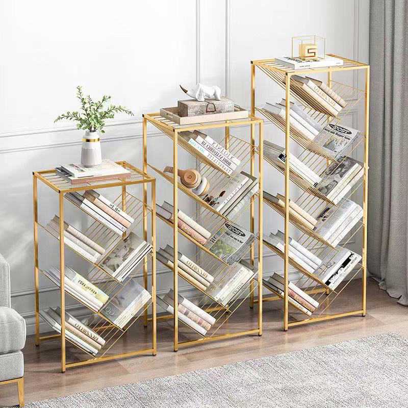 简易置物架落地多层书架免安装铁艺学生书柜报刊架金色树形收纳架