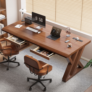 实木电脑桌台式 家用简约抽屉书桌卧室长条办公桌工作台双人电竞桌