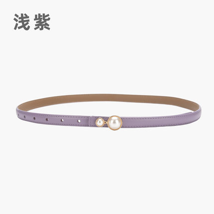 紫色韩版真皮腰带女细款连衣裙收腰装饰珍珠扣头细腰带简约百搭夏