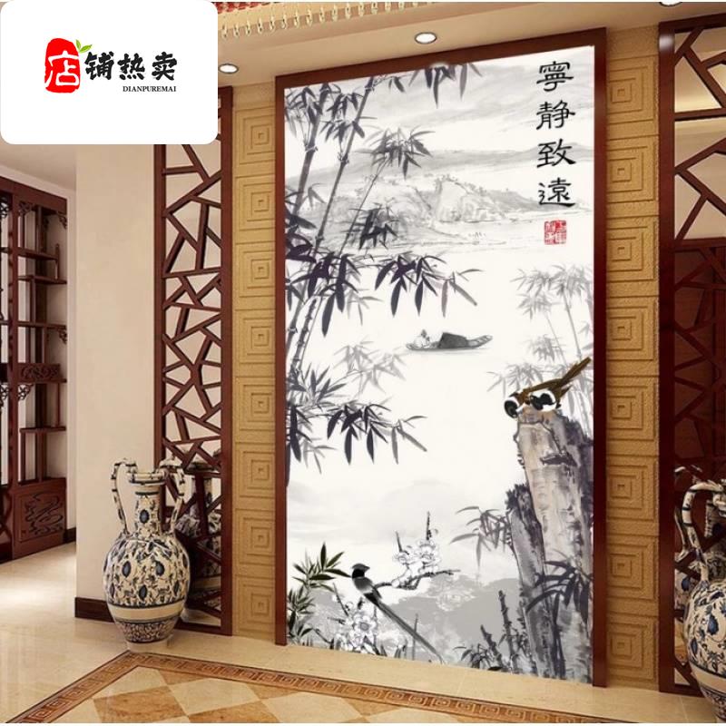 自粘贴纸迎客松装饰画客厅餐厅无框贴画竖版走廊过道壁画玄关图片