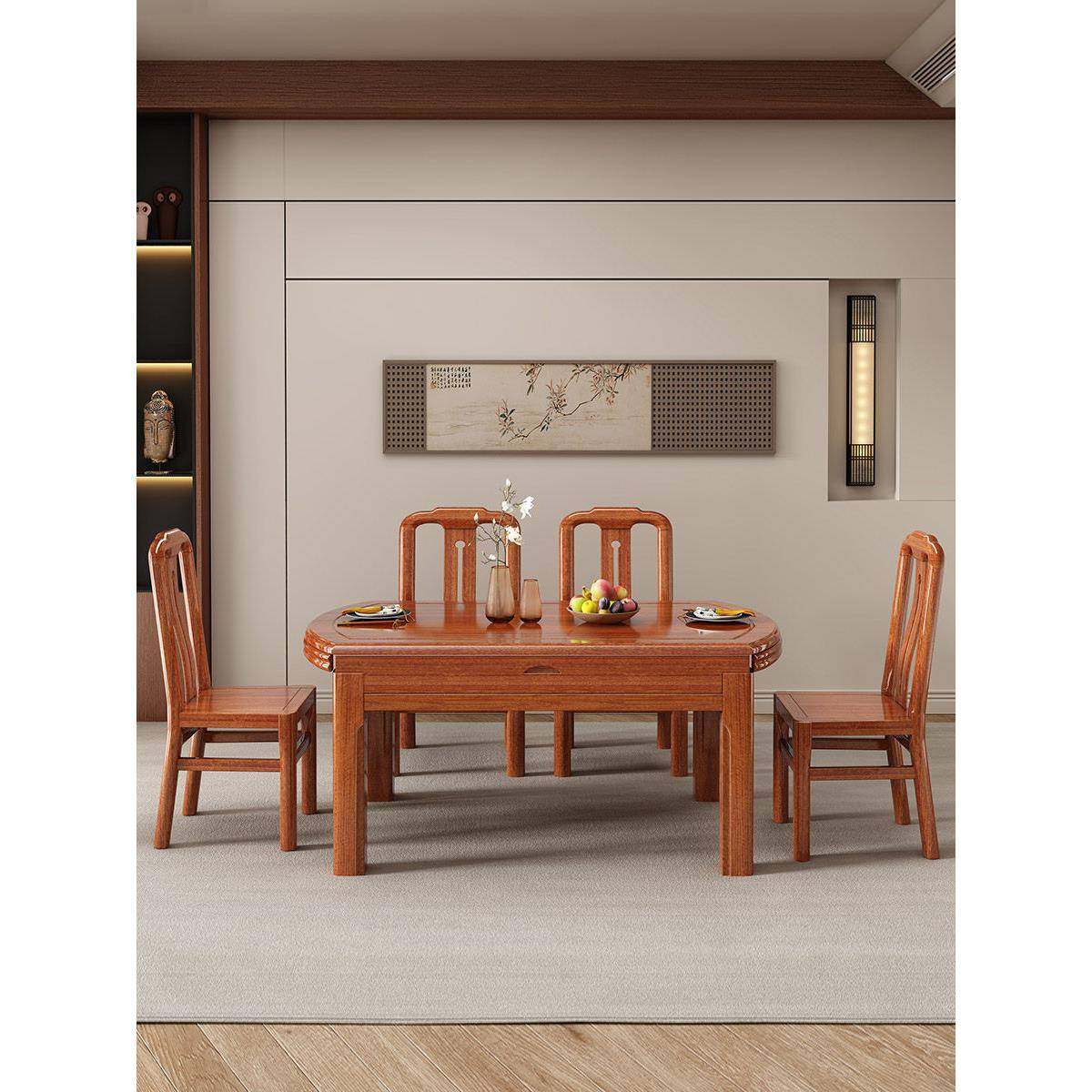 花梨木实木餐桌椅组合带转盘大圆桌可变椭圆小户型家用桌饭店桌子,住宅家具,实木餐桌,淘宝优惠券,粉丝福利购,淘宝优惠卷