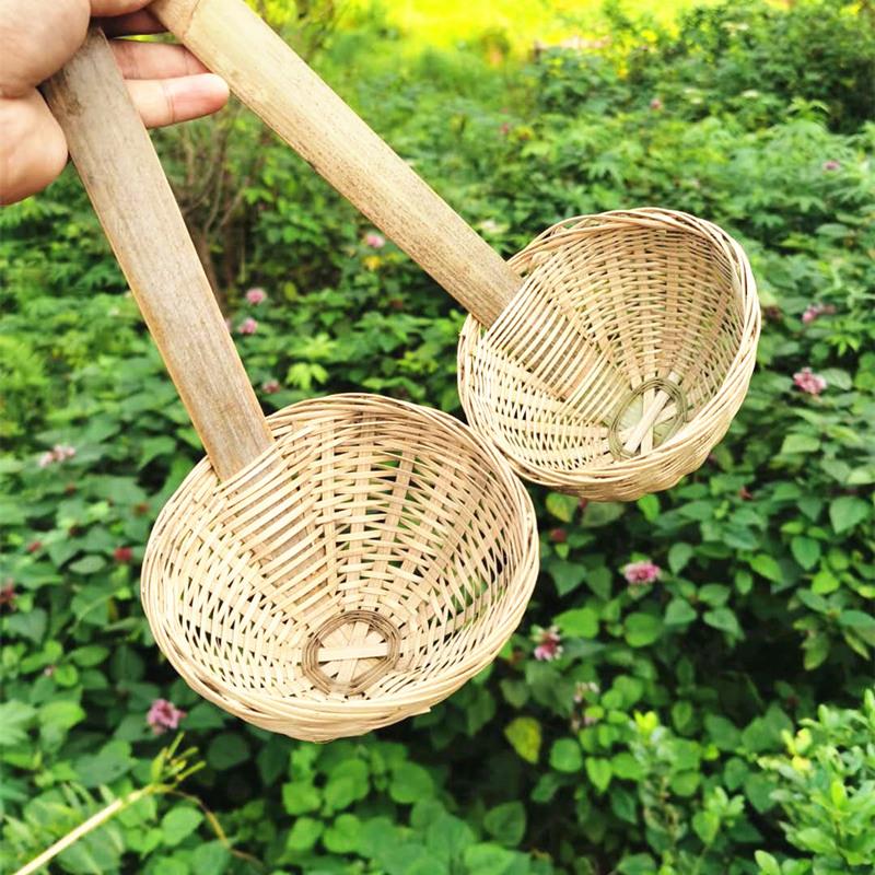 竹编漏勺竹编煮面篓长柄冒菜烫粉麻辣竹漏斗捞面勺竹笊篱过滤勺