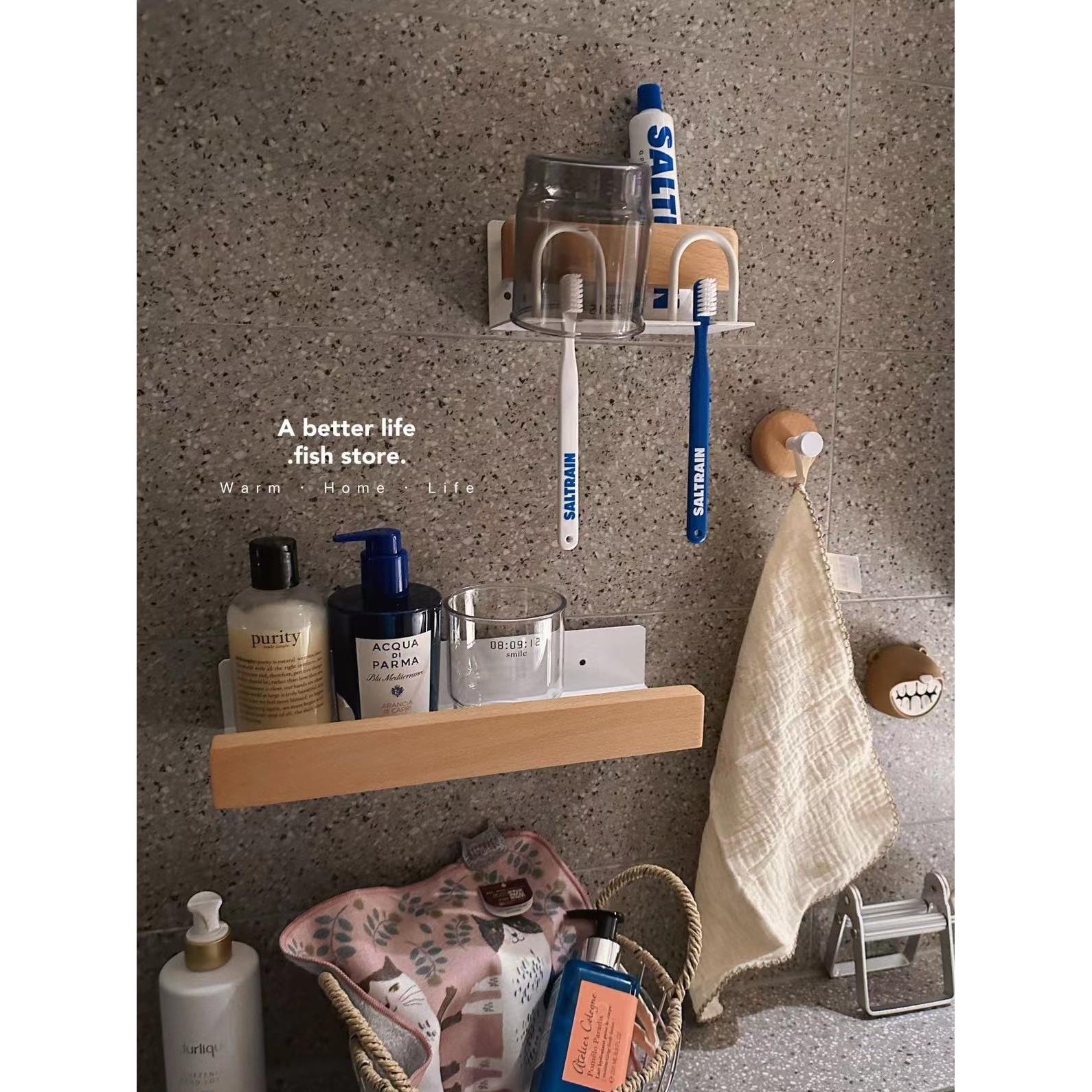 *鱼店*浴室实木储物架没有打孔和粘贴剃刀牙杯架脸盆储物架