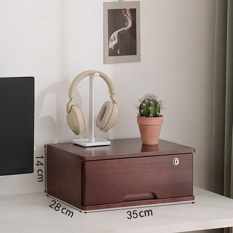 35cm实木抽屉式桌面收纳盒带锁长方形A4储物柜办公室卧室木质小柜