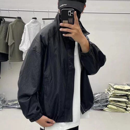 美式复古PU皮立领机车夹克男