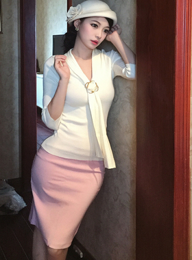 Fiala韩版小香风V领飘带气质纯欲系带针织衫毛衣女修身打底衫上衣