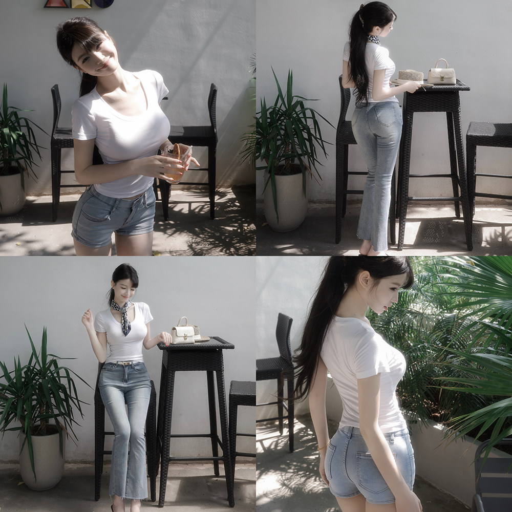 FIALA白色U领修身短袖T恤女图片