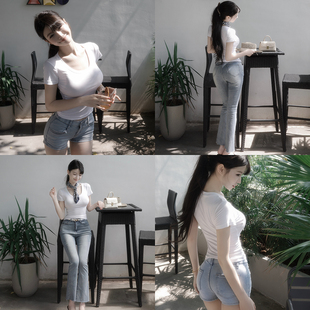 FIALA白色短袖T恤女U领修身丰胯短裤简约百搭九分牛仔裤微喇裤