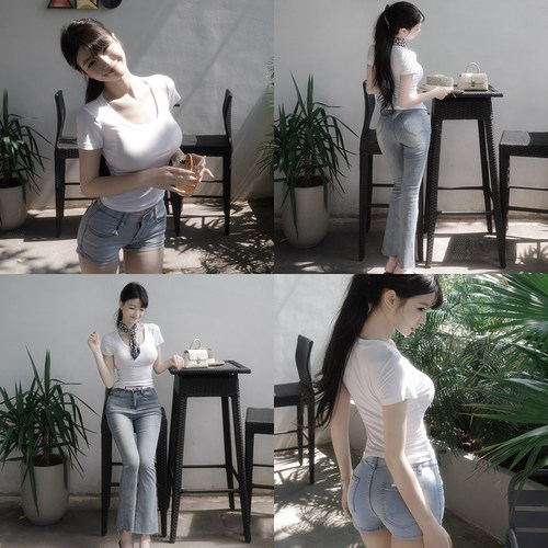 FIALA白色U领修身短袖T恤女