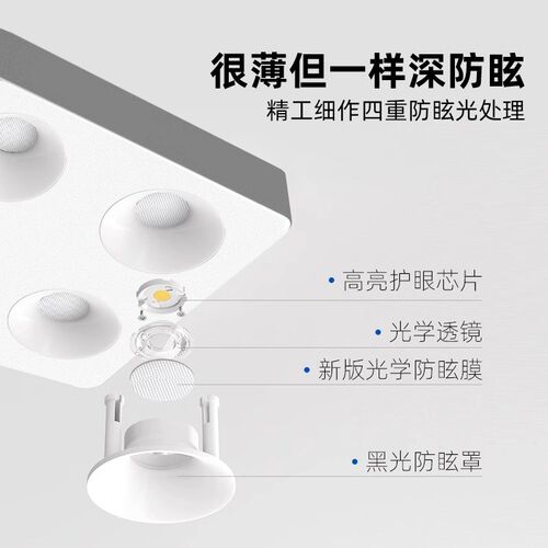 明装射灯极超薄斗胆灯客厅卧室A无主灯四头六头方形全光谱防眩筒