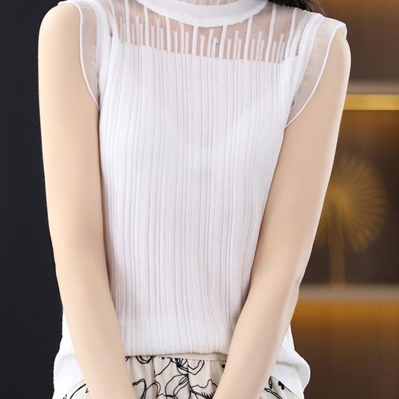 速发木耳边半高领背镂内心砍袖针织打底衫无袖蕾丝搭空上衣薄款春