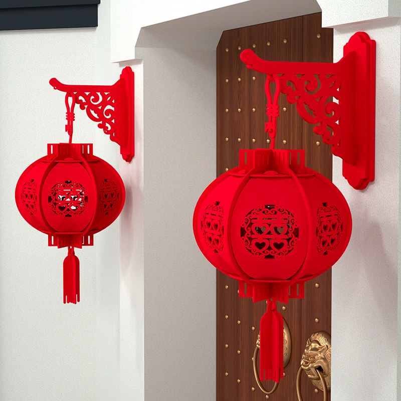 速发结用庆婚品植绒灯笼挂饰大红户外饰内喜庆布置婚房装室布置套