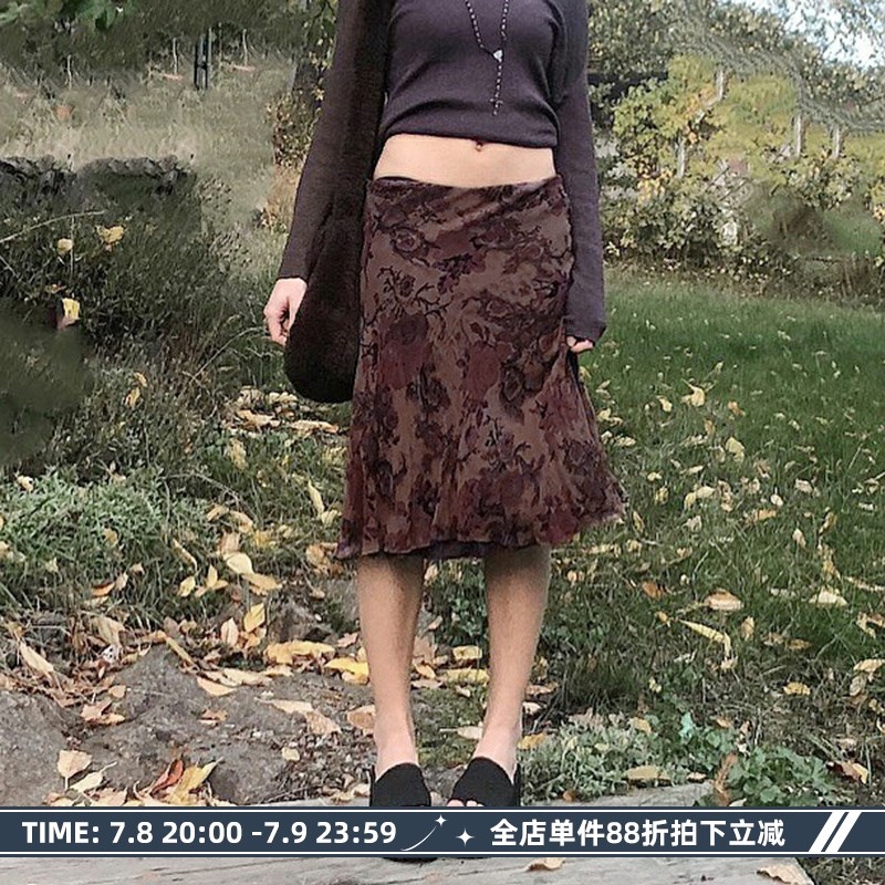 速发YO古法式烂漫身瑰印花 着感半玫裙低腰网纱设计中长裙