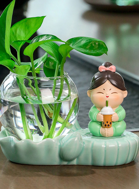 速发小小圆客厅件面装饰摆桌花瓶插花绿萝水培器皿创意桌面工位唐