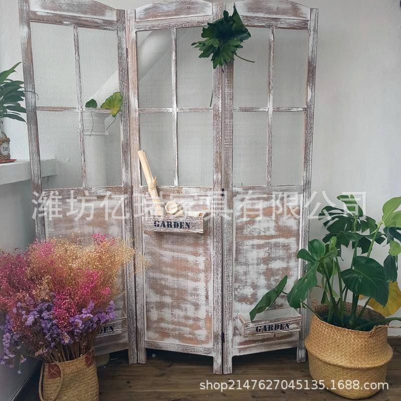 复古做旧木质服实木花GQM盒田园折叠橱隔断花架窗镂空装背景店屏