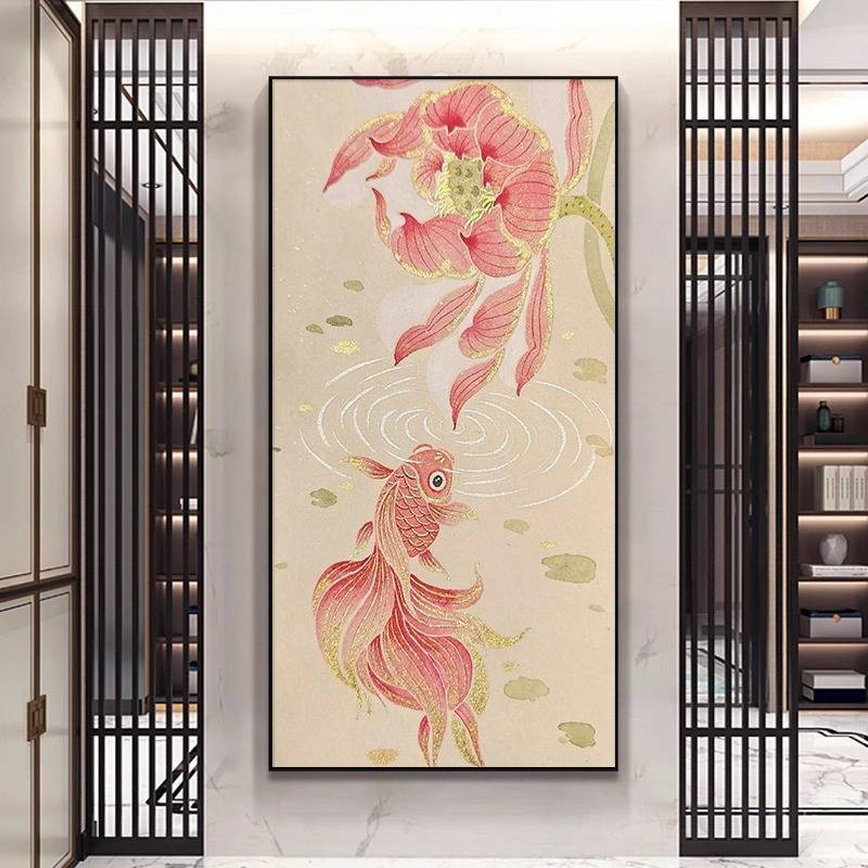 宋代美学挂画好运锦鲤入户玄关装饰画宋式创意客厅中大气古风挂画图片