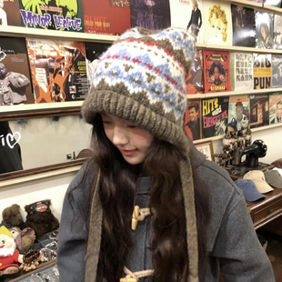 春野森川｜费尔岛包包帽 秋冬混羊毛保暖护耳帽子两用复古提花