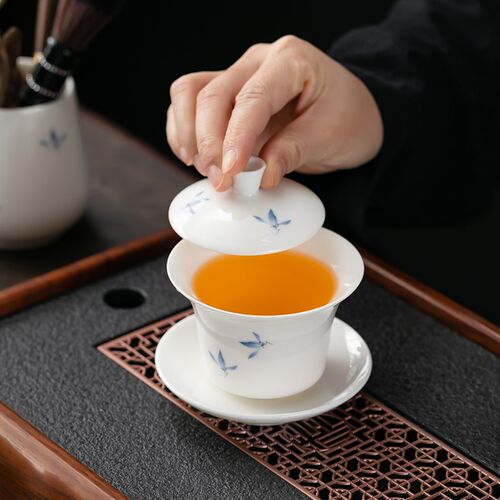 羊脂玉瓷蝴蝶兰功夫茶具套装新款手绘白瓷盖碗泡茶壶X茶杯轻奢高