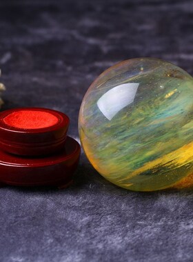 万雅水晶 水晶球旋转底座高人熔炼水G晶球应 黄色熔炼水晶球摆件