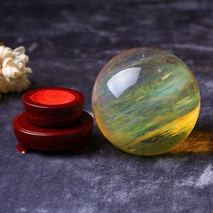 万雅水晶 水晶球旋转底座高人熔炼水G晶球应 黄色熔炼水晶球摆件