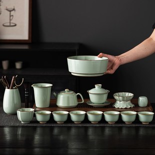 汝窑茶具套c装家用开片可养汝瓷盖碗茶壶茶道茶洗茶杯整套高档轻