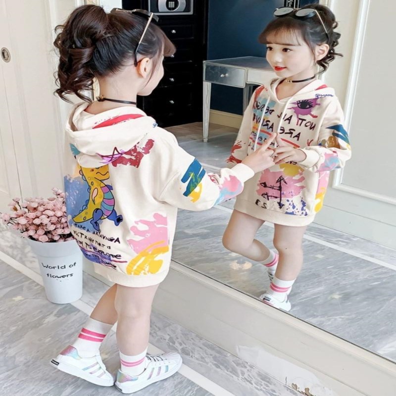 女童卫衣春秋装2025新款洋气儿童中长款小女孩卡通网红连帽上衣