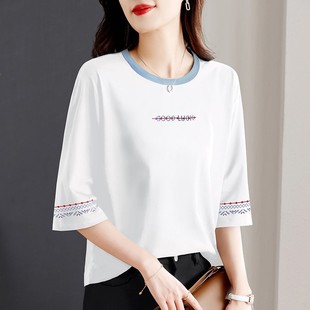 t恤女2025新款 爆款 白色七分袖 夏季 体恤 宽松显瘦韩版 上衣洋气半袖