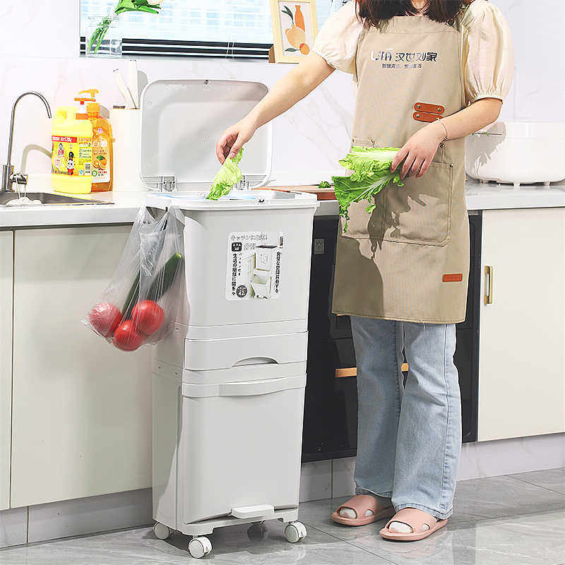 厨房垃圾桶家用带盖2024新款大容量双层厨余干湿分离分类日式专用