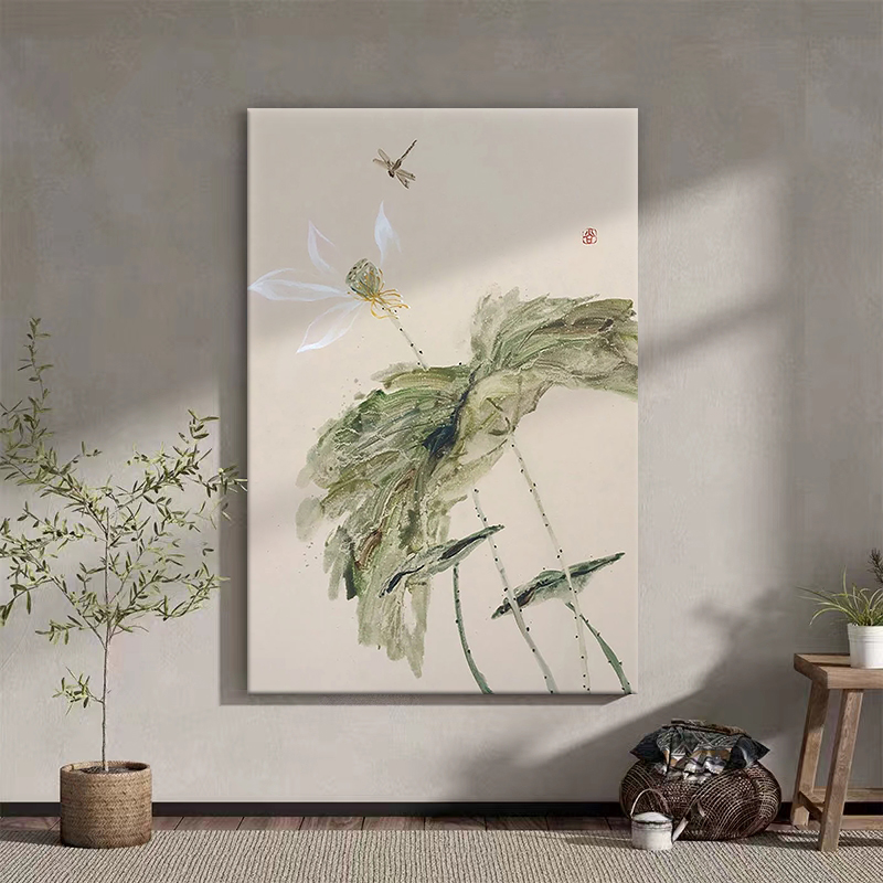 荷花蜻蜓纯手绘油画新中式玄关装饰画客厅抽象禅意丙烯肌理画挂画图片