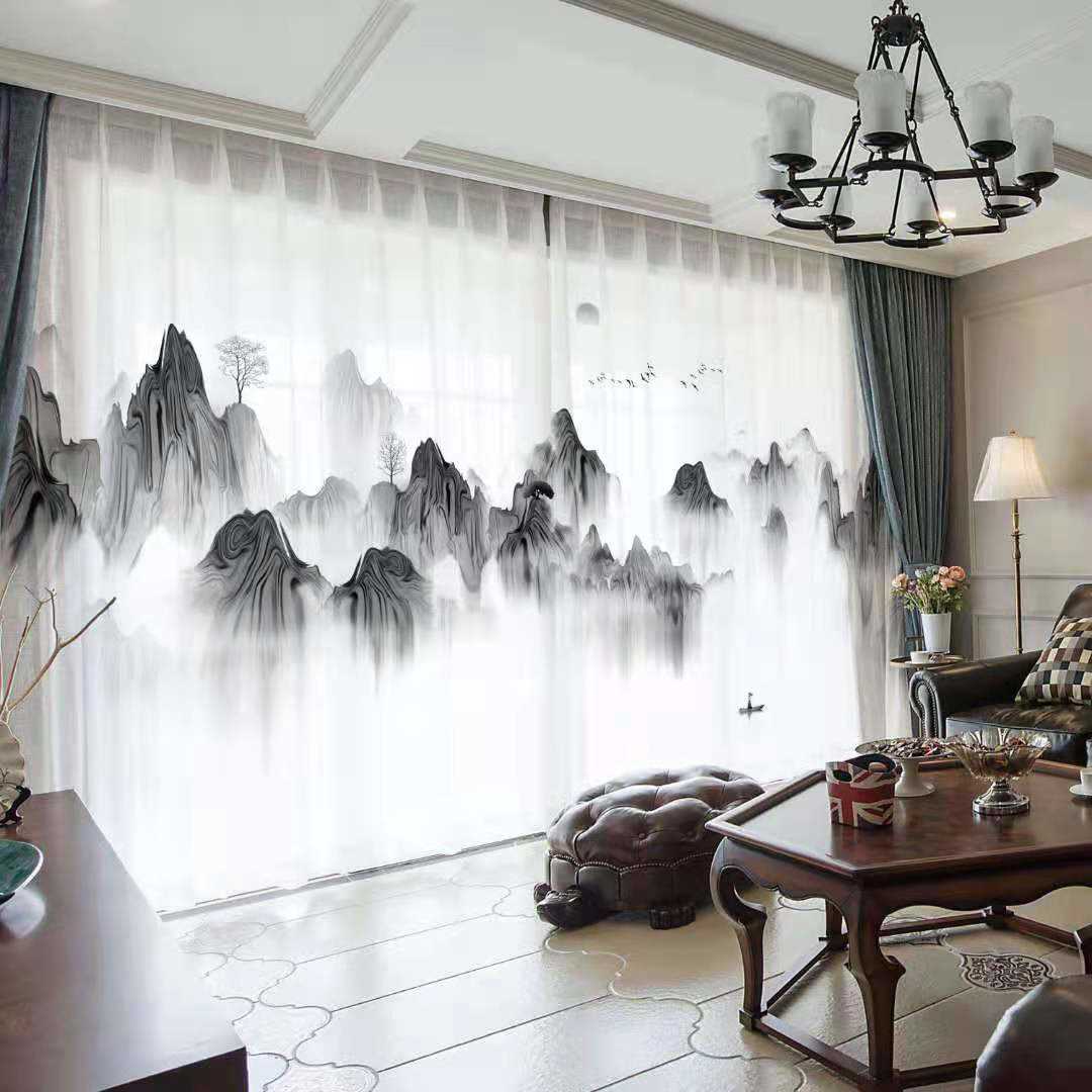 半遮光不透人纱帘数码印花窗纱古典中式中国风山水画3D水墨画窗帘