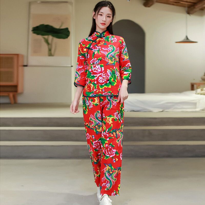 东北大花布衣服伴娘网红长袖长裤二人转舞蹈秧歌服搞笑表演出服装